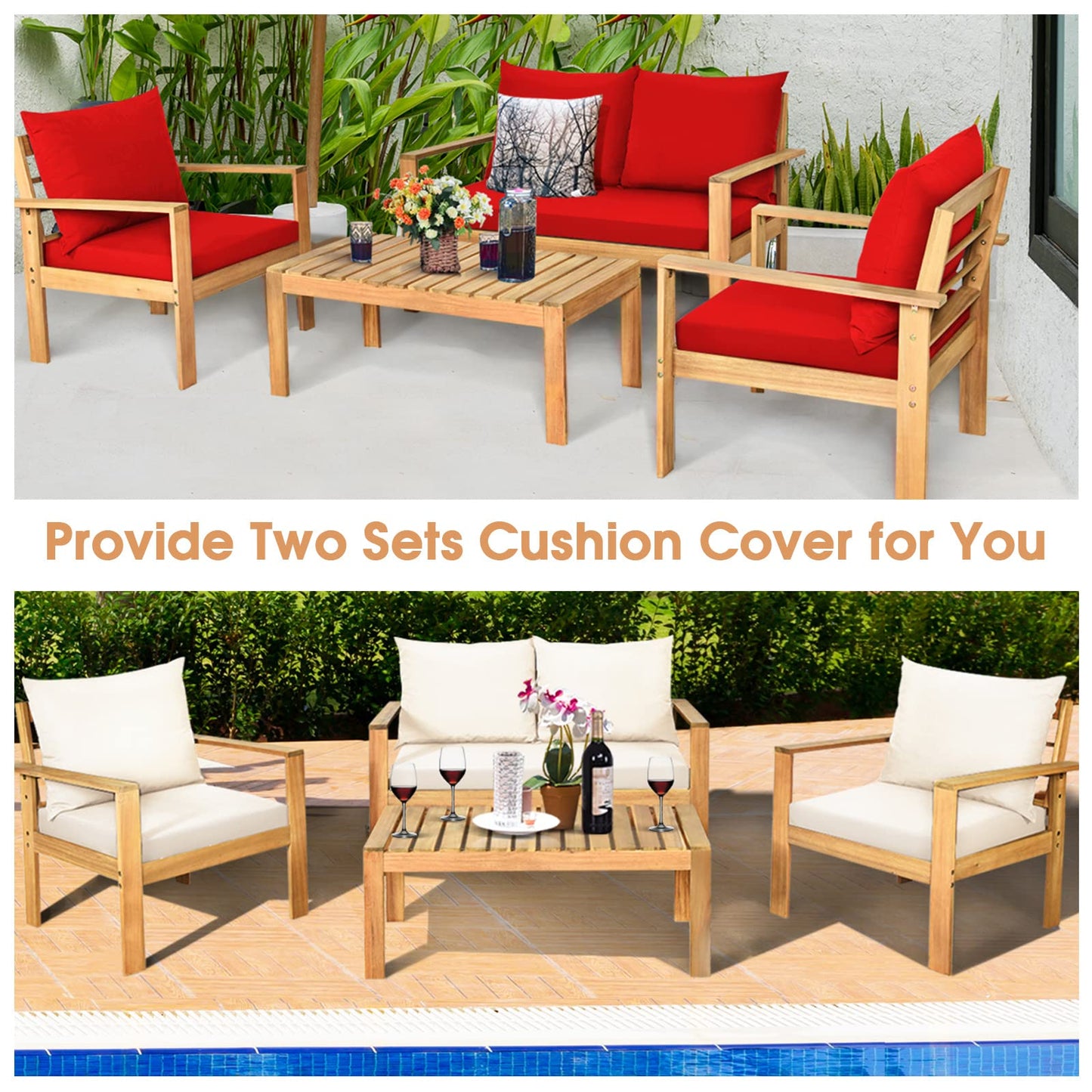 Tangkula Outdoor 4-Piece Acacia Wood Chat Set - HW64146WH-C+HW64146TU+