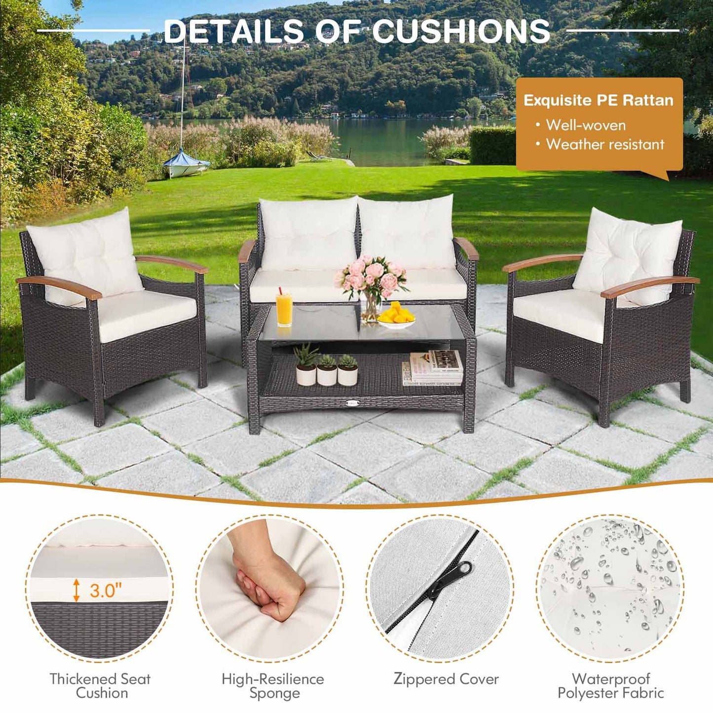 Tangkula 4 Piece Patio Rattan Conversation Set, Outdoor Wicker Sofa Set W/2-Layer Coffee Table - HW69469WH+