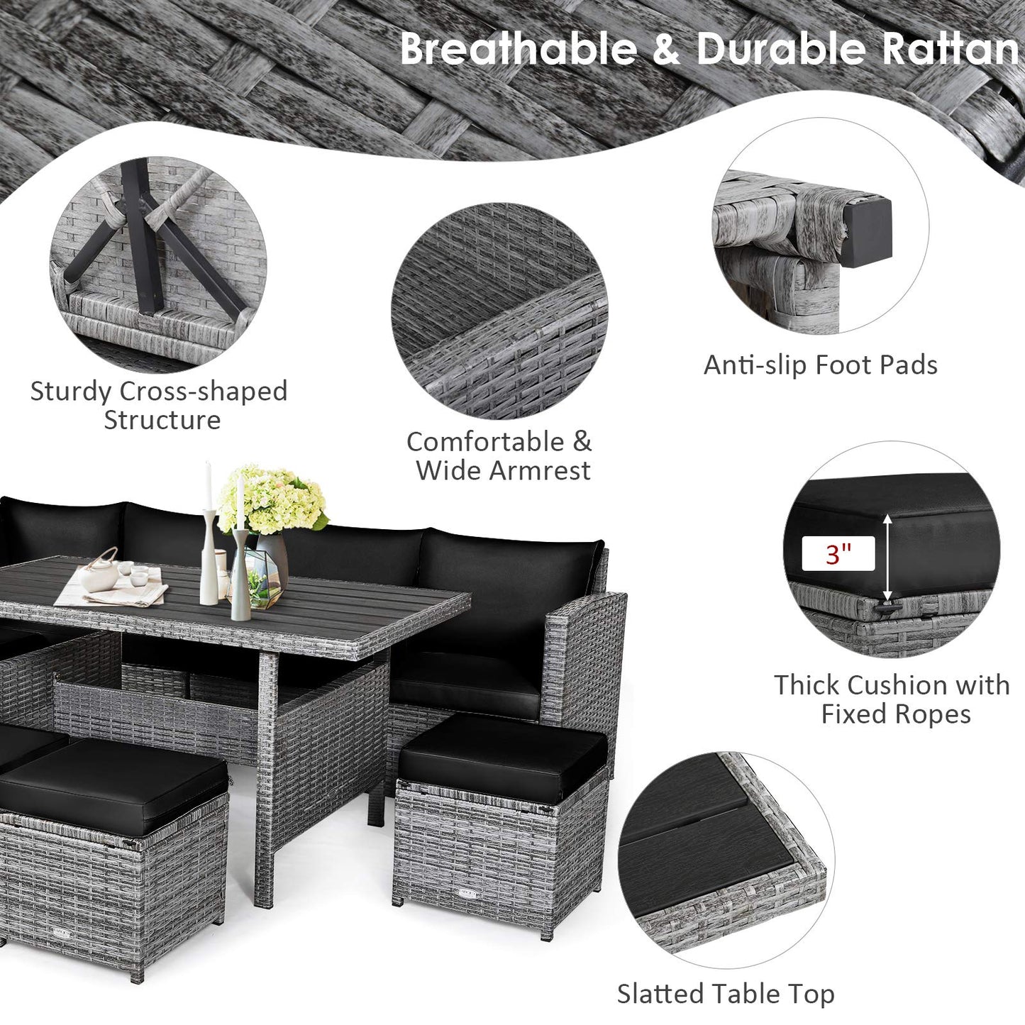 Tangkula 7 Pieces Patio Furniture Set, Outdoor Sectional Rattan Sofa Set with Cushions - HW67190BK+