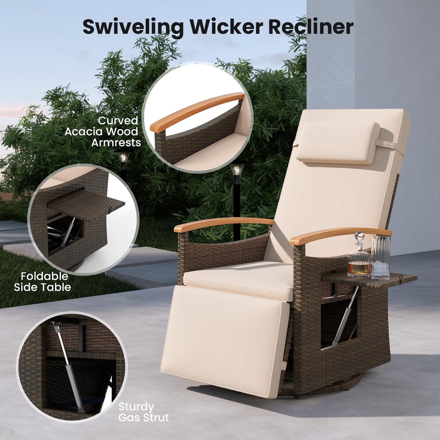 Tangkula Patio Rattan 360 Degree Swivel Recliner Chair, Wicker Lounge Chair w/Adjustable Backrest &amp; Footrest - HW72726BN