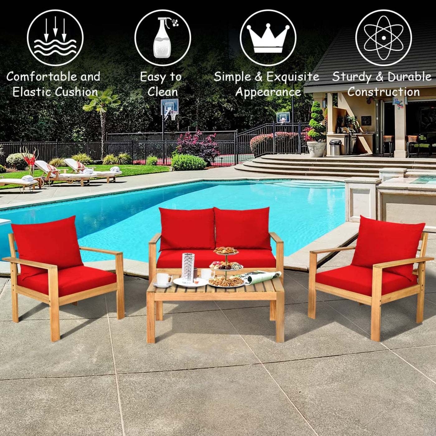 Tangkula Outdoor 4-Piece Acacia Wood Chat Set - HW64146WH-C+HW64146TU+
