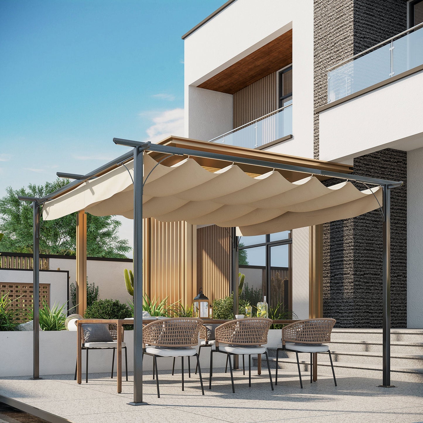 Outsunny 11.5'x11.5' Retractable Metal Pergola Canopy Shade for Patio, Backyard & Grill, Beige - 84C-092